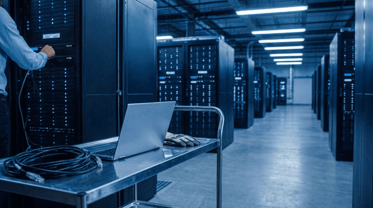 Technician working in a server room with racks and network cabling on a rolling cart